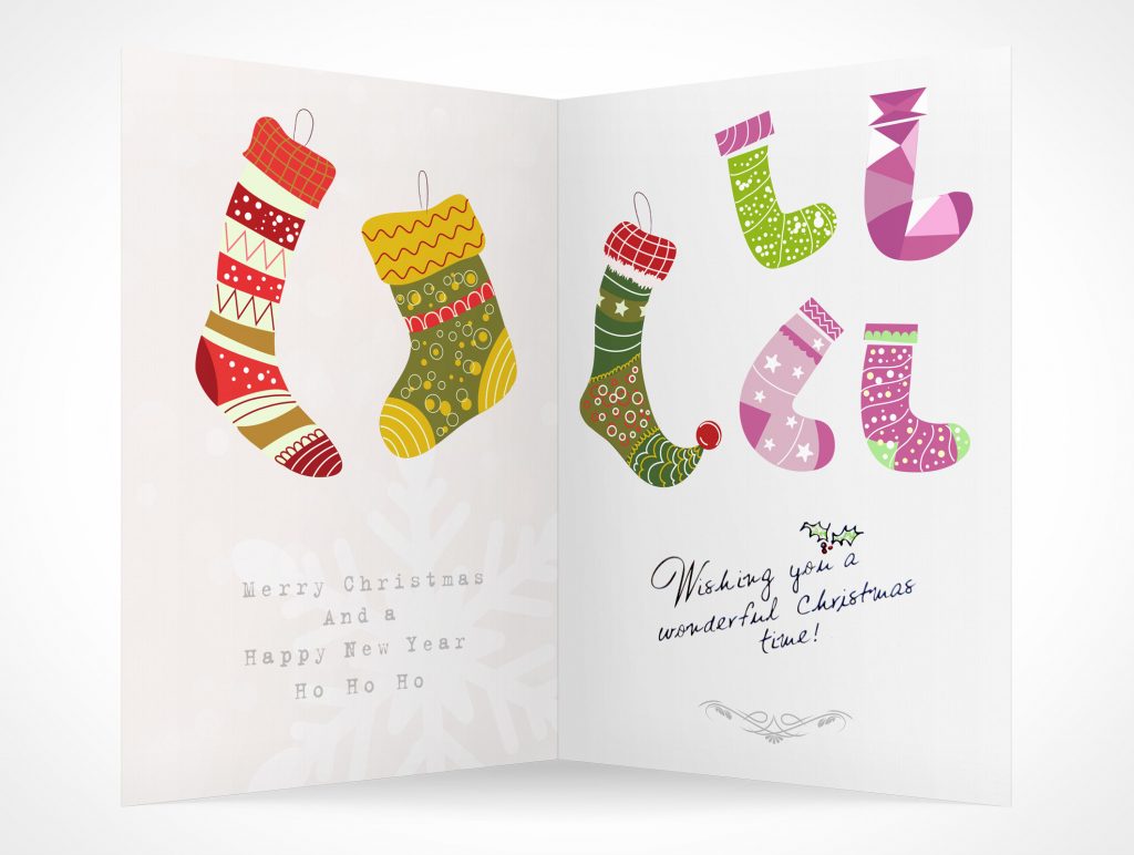 Christmas Stocking Stuffed Greeting Holiday Card PSD Mockups
