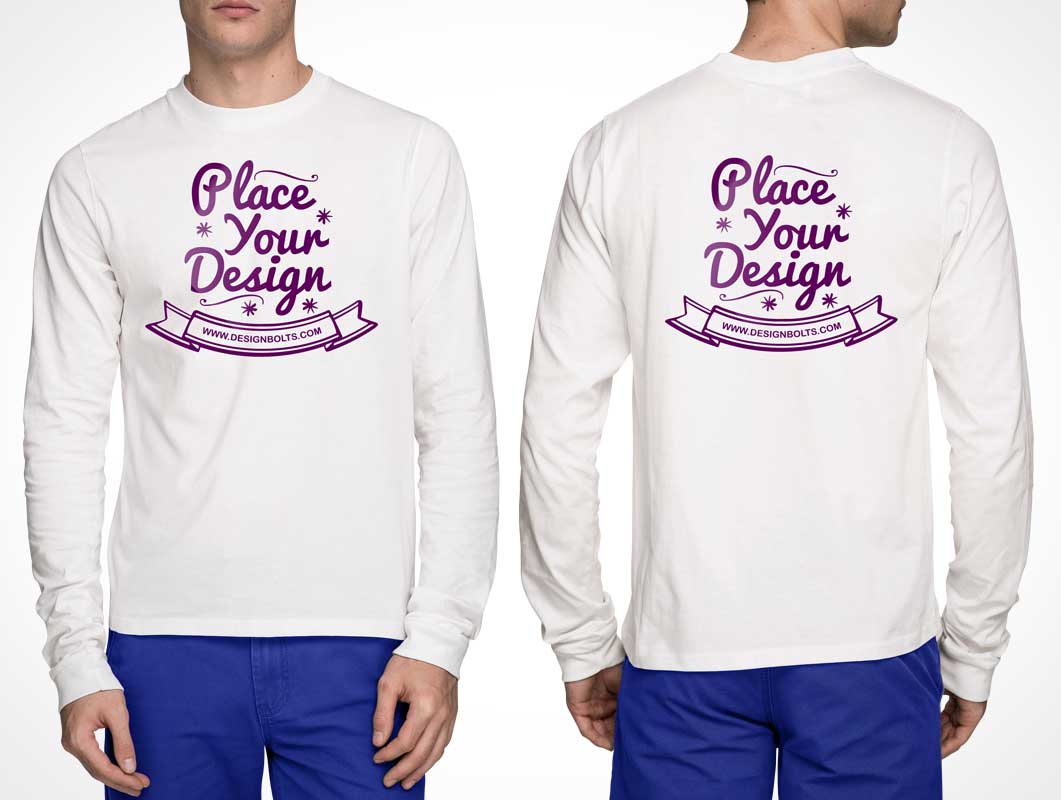 Free White Long Sleeves Front and Back T-shirt PSD Mockup