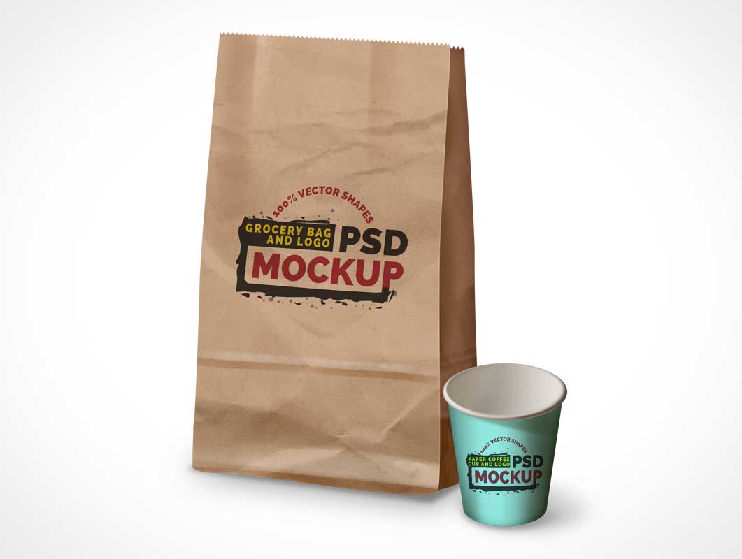 Grocery Bag, Coffee Cup & Logo PSD Mockup