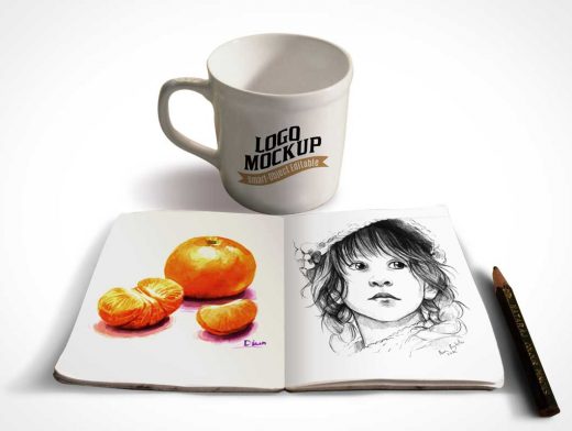 Sketchbook And Coffee Cup PSD Mockup