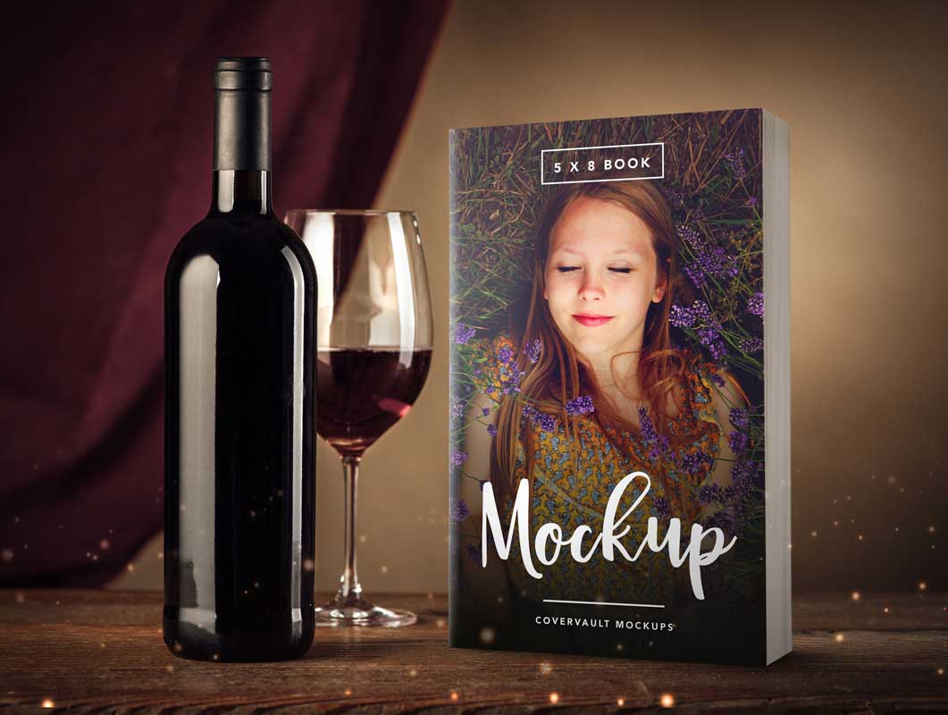 5 x 8 Paperback Book PSD Mockup with Wine Bottle