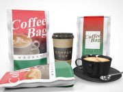 Coffee Beans Bag PSD Mockup Layout With Ceramic And Paper Cups