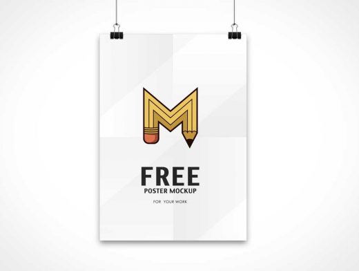 Folded Paper Poster PSD Mockup Hanging by Binder Clips