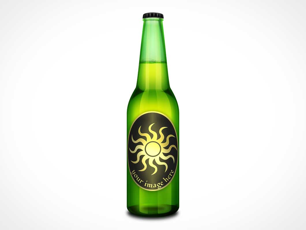 Green Beer Bottle PSD Mockup With Branding Label Design