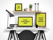 Office Desktop PSD Mockup With Computer Poster and Picture Frame