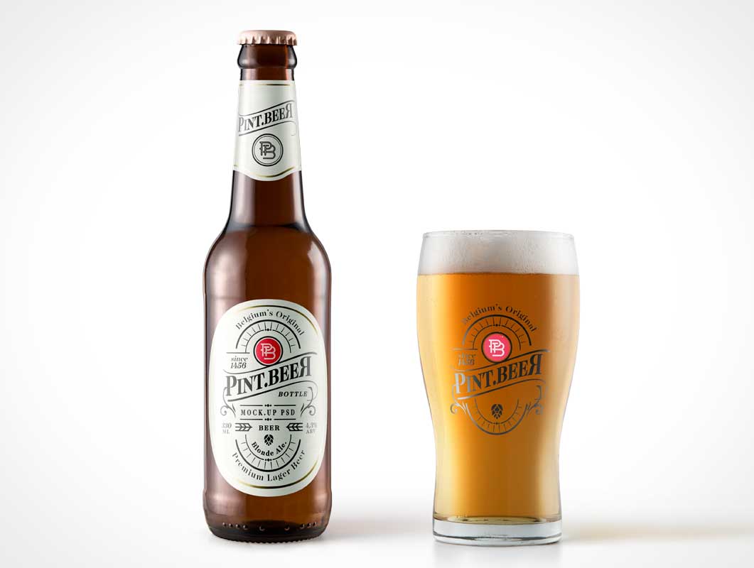 Download Amber Beer Bottle PSD Mockup With Weizen Glass - PSD Mockups