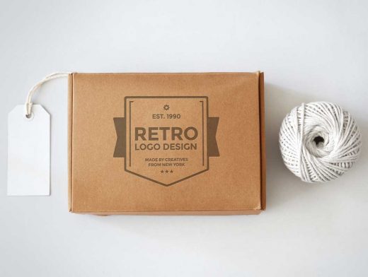 Cardboard Box PSD Mockup With Tag and String