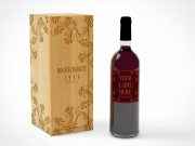 Red Wine Bottle PSD Mockup With Engraved Wooden Case