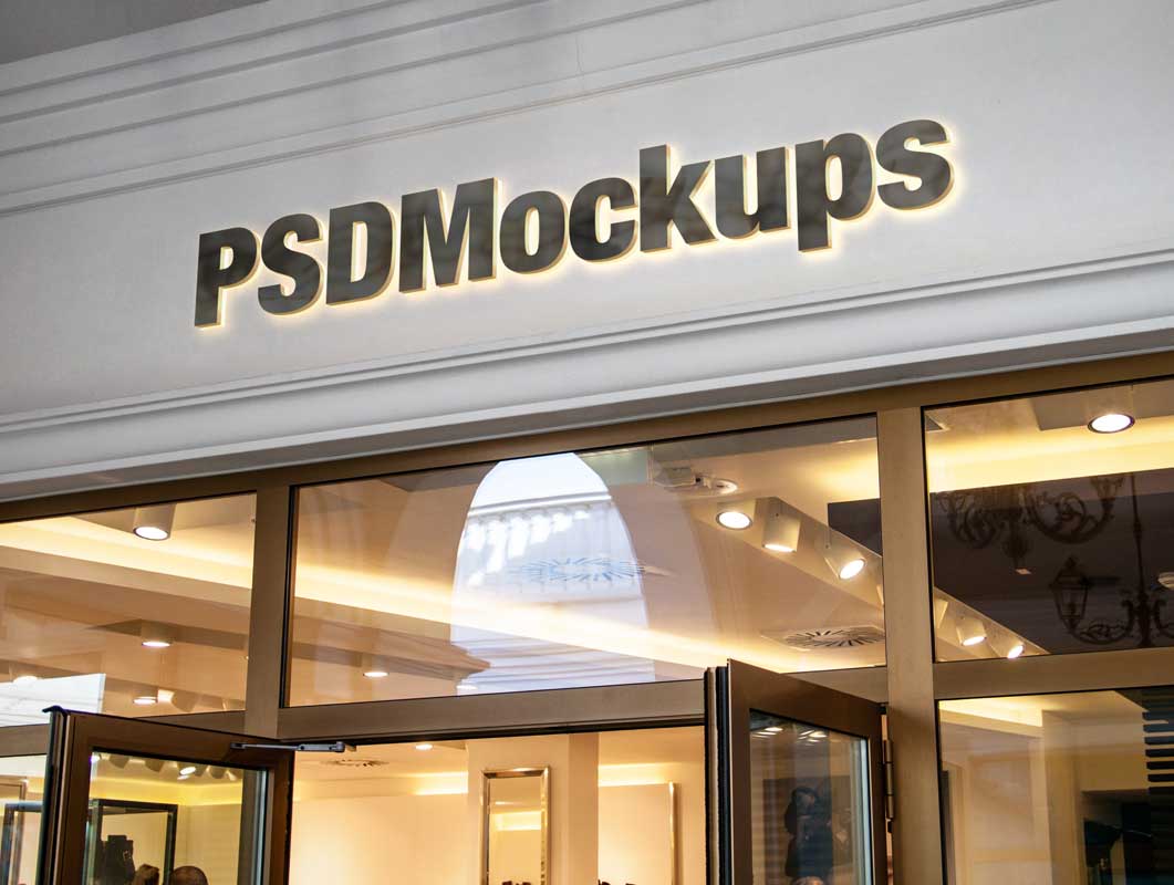 Shop Signage PSD Mockup Facade Logo With Lighting