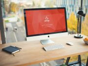 Office Desk PSD Mockup With Downtown Street View