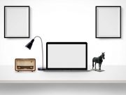 Desk, Lamp, Frames And Laptop PSD Mockup Scene
