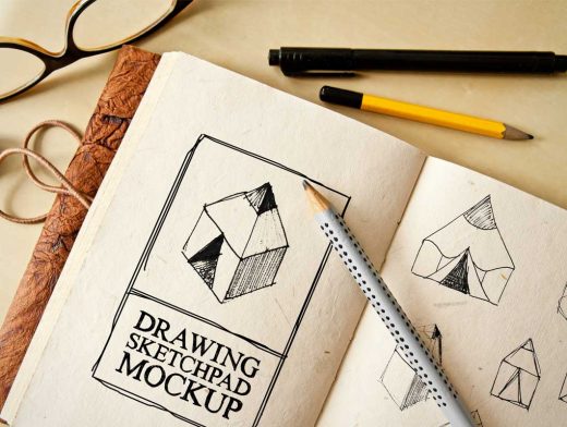 Drawing Sketch Pad PSD Mockup With Pencils