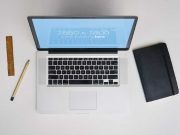 Macbook Pro And Notebook Table Top PSD Mockup