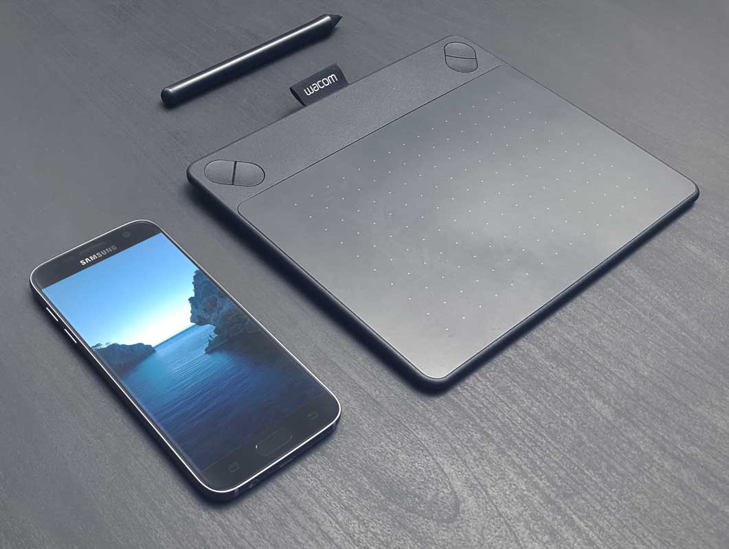 S7 Samsung Smartphone With Wacom Tablet PSD Mockup