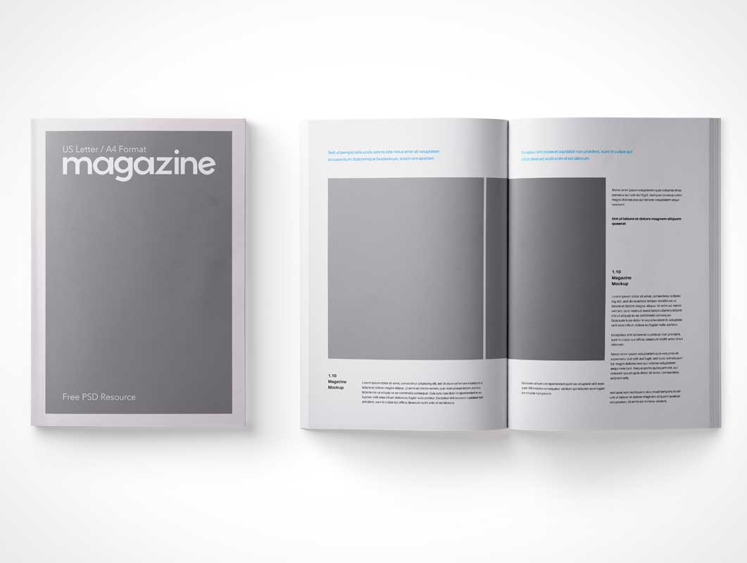A4 Magazine Top View Front & Inside Cover PSD Mockup