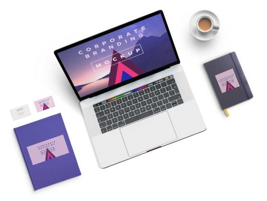Corporate Branding Notebook & Laptop Top View PSD Mockup