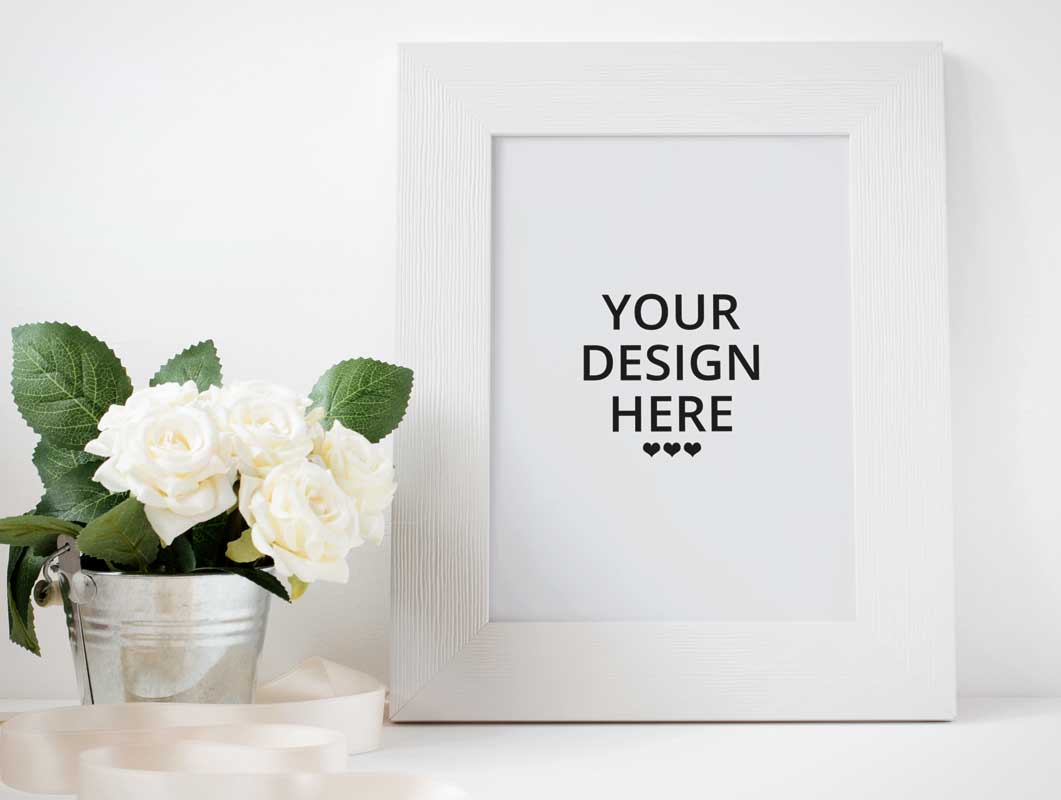 Picture Frame & White Rose Flowers PSD Mockup