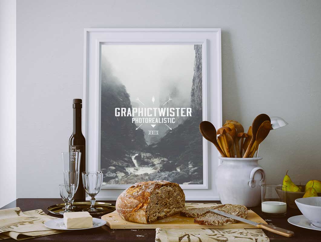 Poster With Wine, Cheese and Bread In Kitchen PSD Mockup
