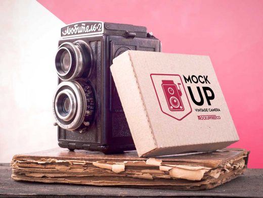 Vintage Camera And Box Packaging PSD Mockup