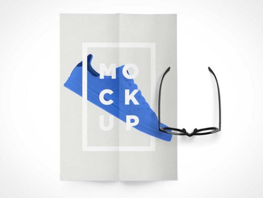 A4 Paper Folded Top View & Eye Glasses PSD Mockup