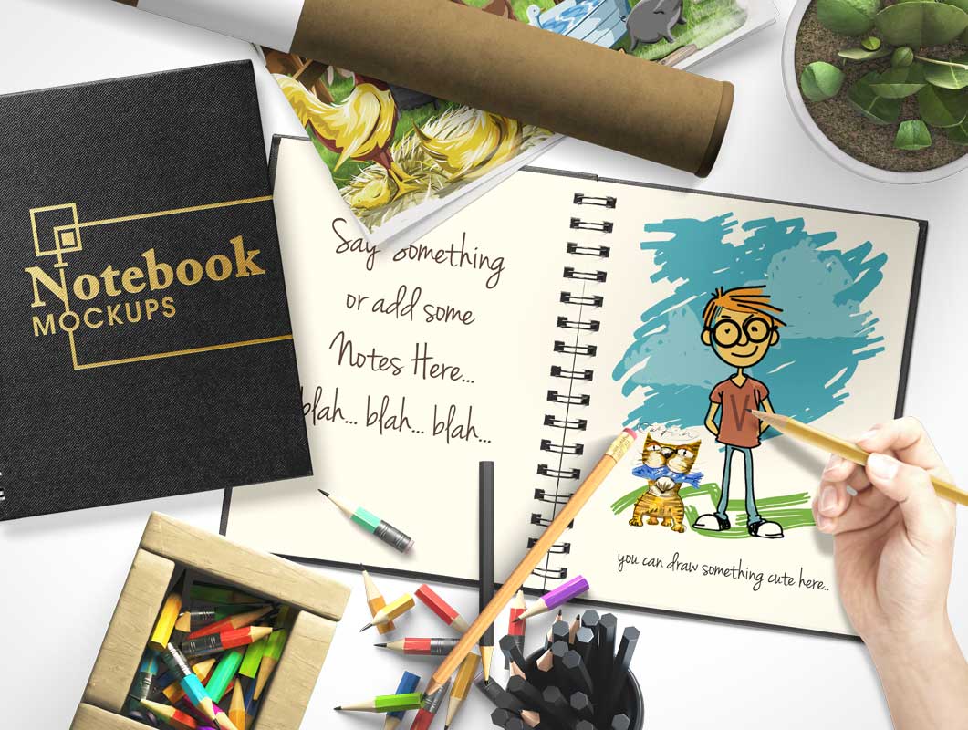 Customizable Notebook & Sketchbook Scene PSD Mockup