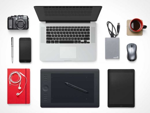 MacBook, Tablet, Smartphone & Accessories Top View Scene PSD Mockup