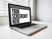 Macbook Pro Screen On White Desk PSD Mockup