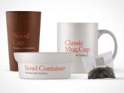 Tableware Mug, Tea Cup & Bowl PSD Mockup