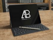 iPad Pro Realistic 3D Render With Pen & Keyboard Cover PSD Mockup