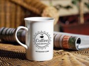 Coffee Mug With Curved Rim & Morning Paper PSD Mockup