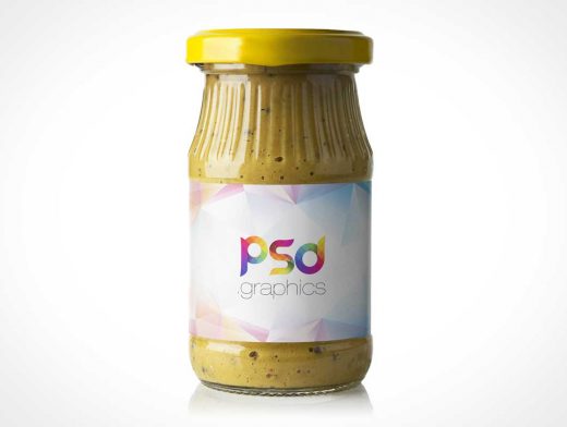 Mustard Jar Sealed Glass Bottle Packaging & Label PSD Mockup