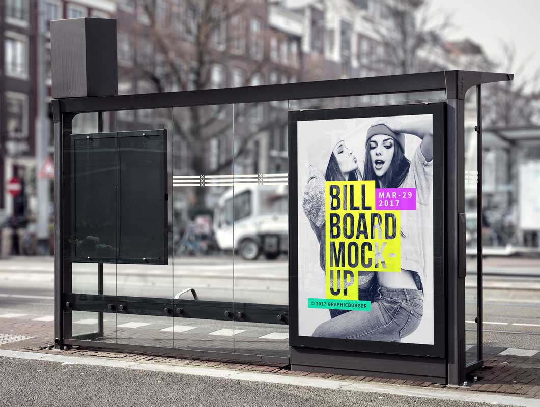 Portrait Billboard Poster At Bust Stop PSD Mockup