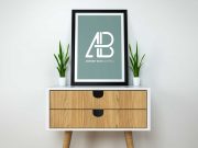 Poster & Frame Over Credenza With Drawers PSD Mockup