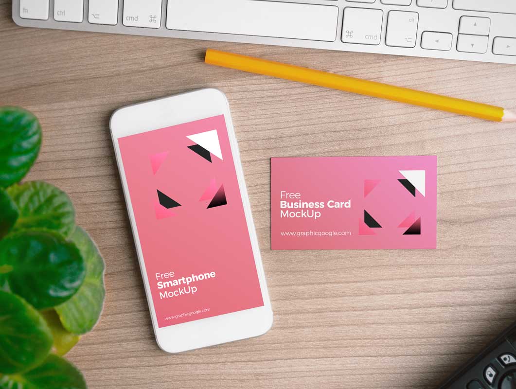 iPhone Smartphone & Business Card In Workspace PSD MockUp