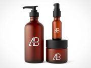 Cosmetic Packaging Includes Lotion Pump, Spray Bottle & Cream Jar PSD Mockup