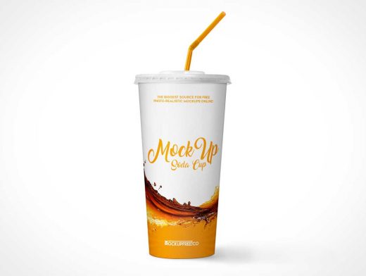 Soda Cup, Plastic Lid & Straw Front Label PSD Mockup