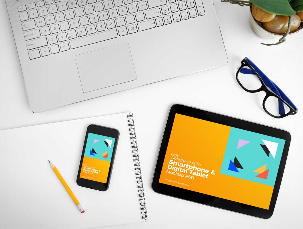 Download Workplace Laptop, Smartphone & Digital Tablet PSD Mockup - PSD Mockups