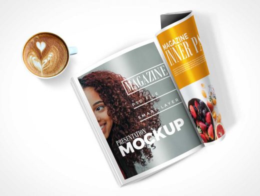 Magazine Pages Face Up & Rolled Cover PSD Mockup