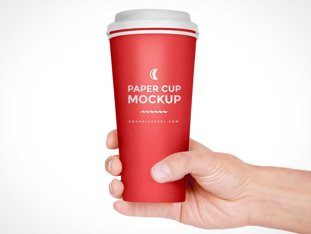 Man Holding Branded Paper Coffee Cup & Rim PSD Mockup