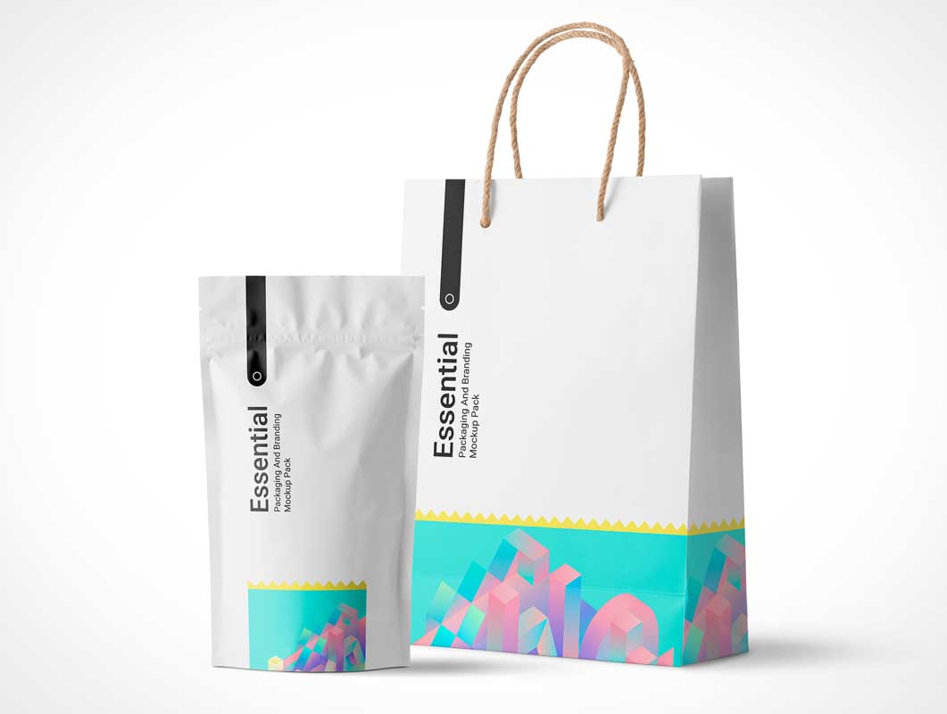 Sealed Pouch & Paper Shopping Bag PSD Mockup