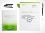 Stationery Spiral Notebook, Stapler, Pen & Corporate Letterhead PSD Mockup