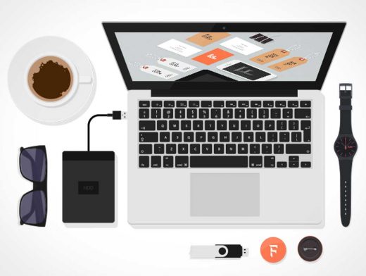 Stationery & Workspace Flat Design Top View PSD Mockup