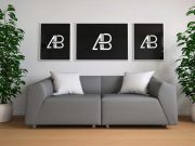 Triple Framed Poster Living Room & Couch PSD Mockup