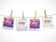 4 Polaroid Pictures & Cloths Line PSD Mockup