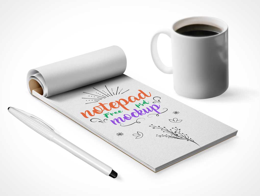 Notepad, Pen & Coffee Mug PSD Mockup