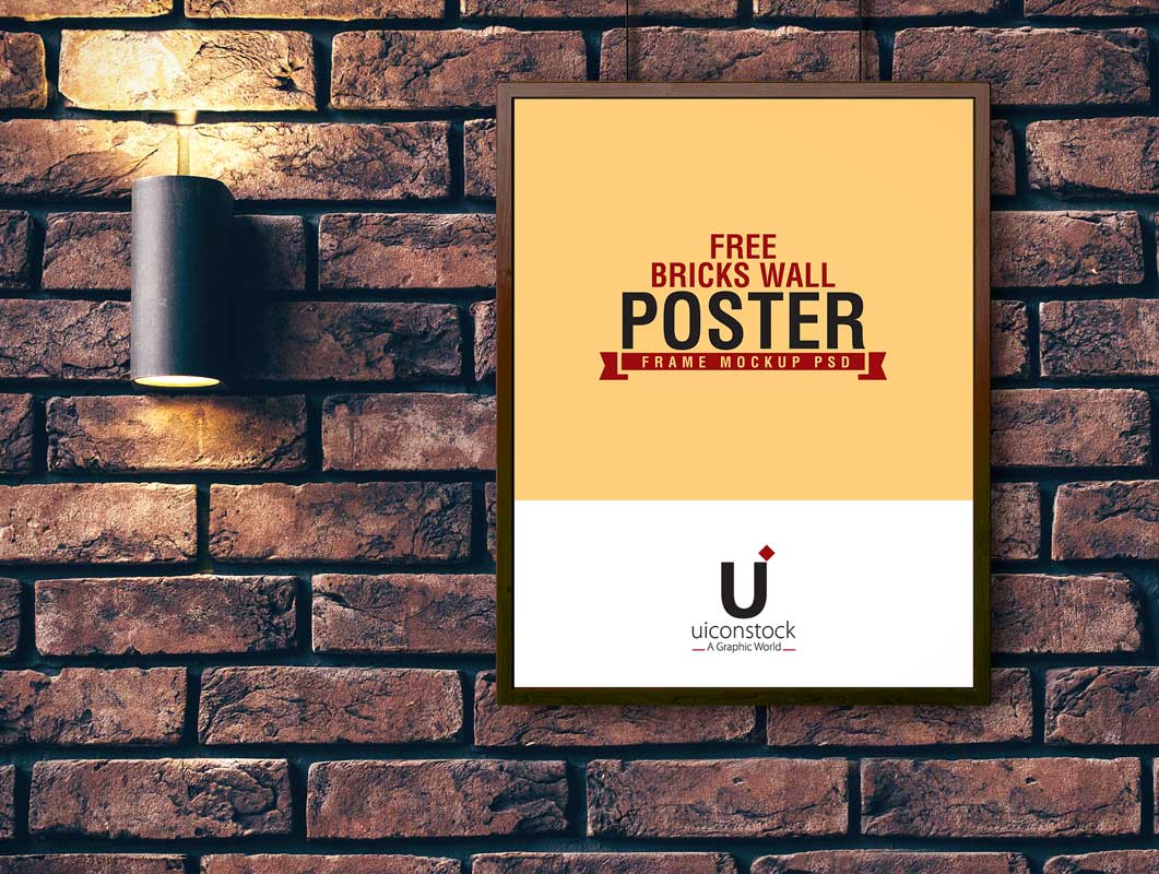 Poster Frame Hung Over Brick Wall & Mounted Lamp PSD Mockup