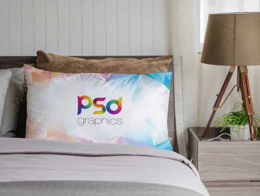 Bedroom Pillows With Nightstand & Lamp PSD Mockup