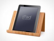iPad Wooden Stand Portrait Mode Display PSD Mockup
