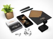 Business Cards, Envelopes, Paper Clips Office Stationery & Company iPhone PSD Mockup