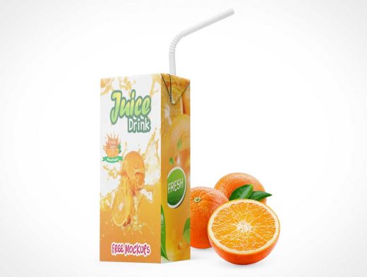 Juice Box Drink Container Package & Bendy Straw PSD Mockup